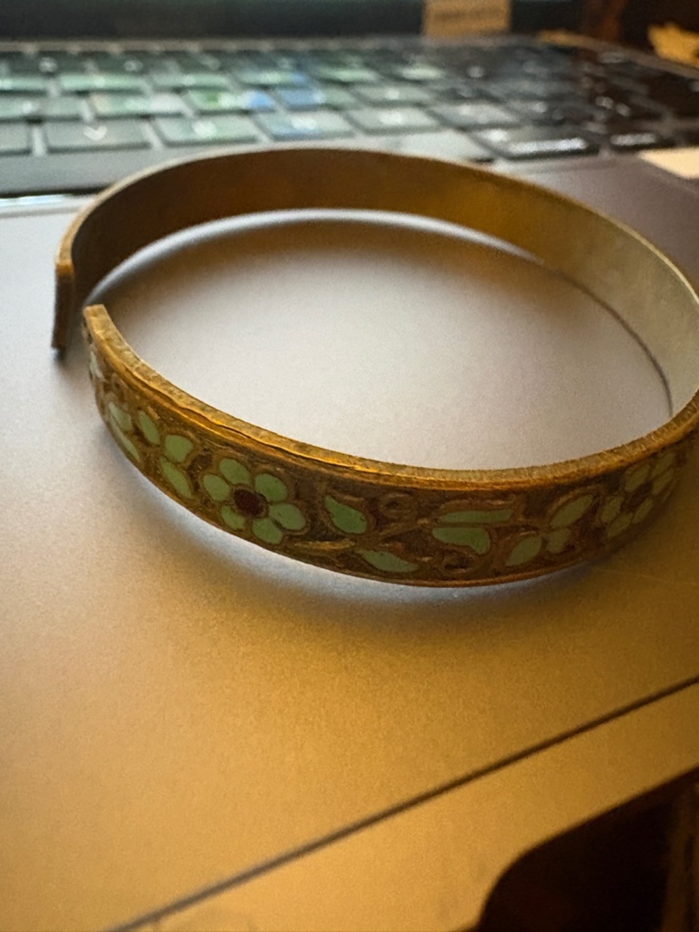 Vintage Floral Cloisonné Brass Cuff Bracelet in Mint Green